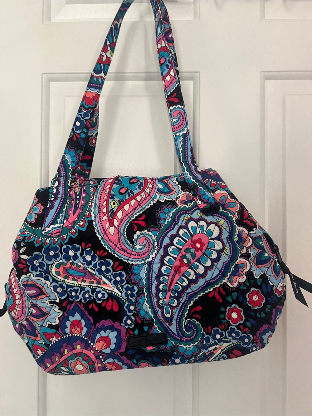 Vera Bradley Black Paisley Quilted Shoulder Tote with Pink & Teal Accents